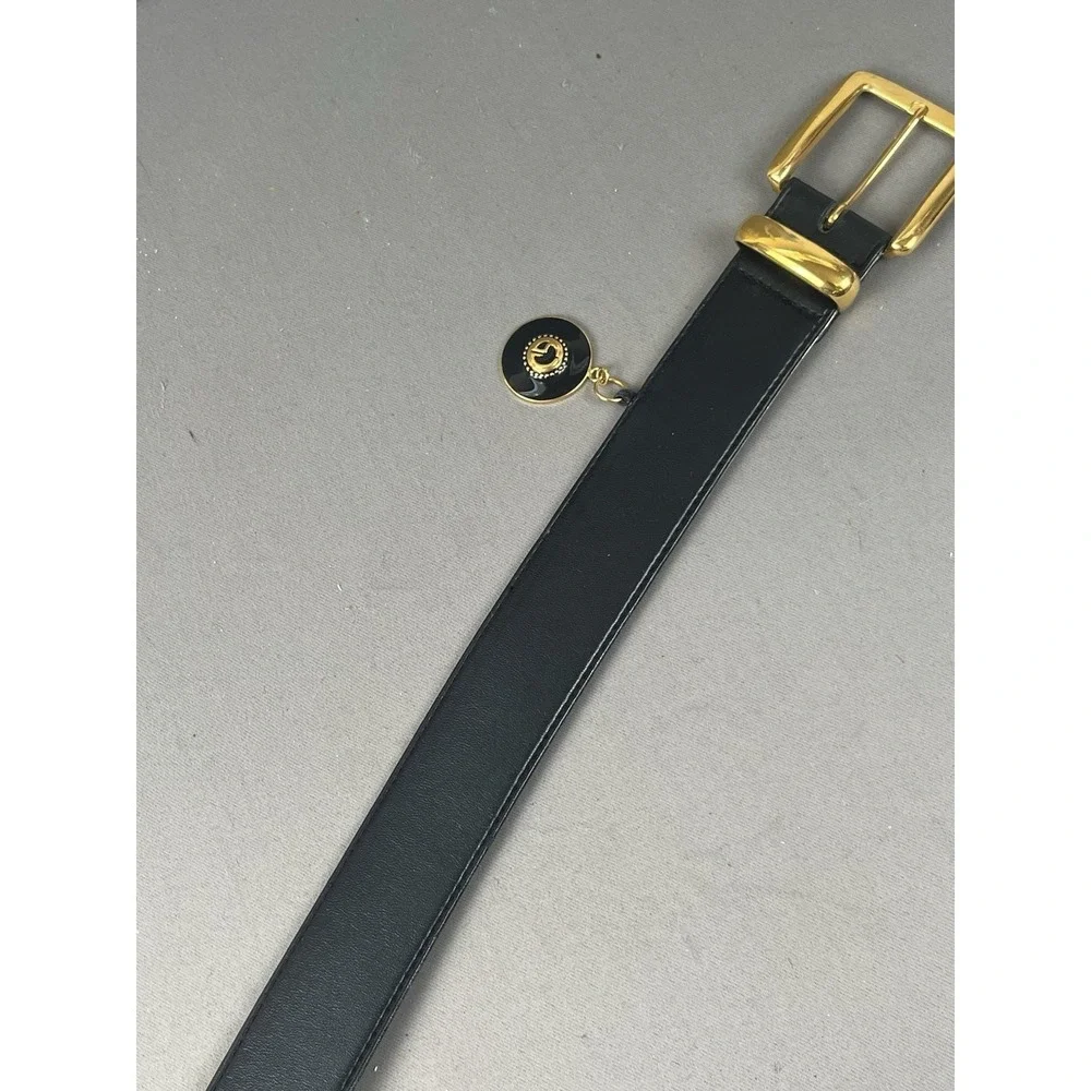 St John Black Leather Belt Women's Size Medium With Charm Gold Clasp Buckle
